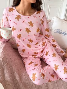 SweetSlumber Women's Christmas Gingerbread Man Candy Print Knit Crew Neck Long Sleeve Pants Pajama Set - Multicolor - View 5