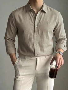 DAZY Men's Long Sleeve Solid Color Embroidered Pattern Shirt - Khaki - View 1