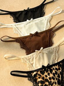Bare Chapter Women's Lace Patchwork Bow Decor Sexy Daily Thong Panties - Multicolor - View 4