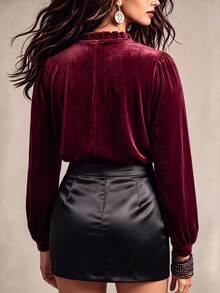 Linhara CURVE Plus Size Knitted Velvet Elegant V-Neck Fall Shirt - Red - View 2