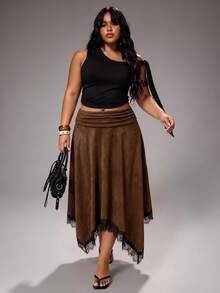 Rustia Hot Girl Style Caramel Brown Suede Lace Patchwork High Waist Flared Mid-Length Skirt - Brown - View 6