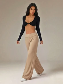 SHEIN PETITE 黑色高腰寬腿寬鬆休閒長褲 - 卡其色 - 查看 7
