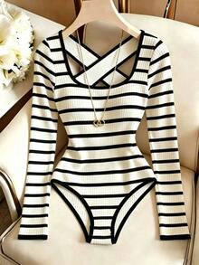 Franclia Women's Square Neck Ribbed Horizontal Stripe Slim Fit Fashion Long Sleeve Bodysuit - Multicolor - View 1