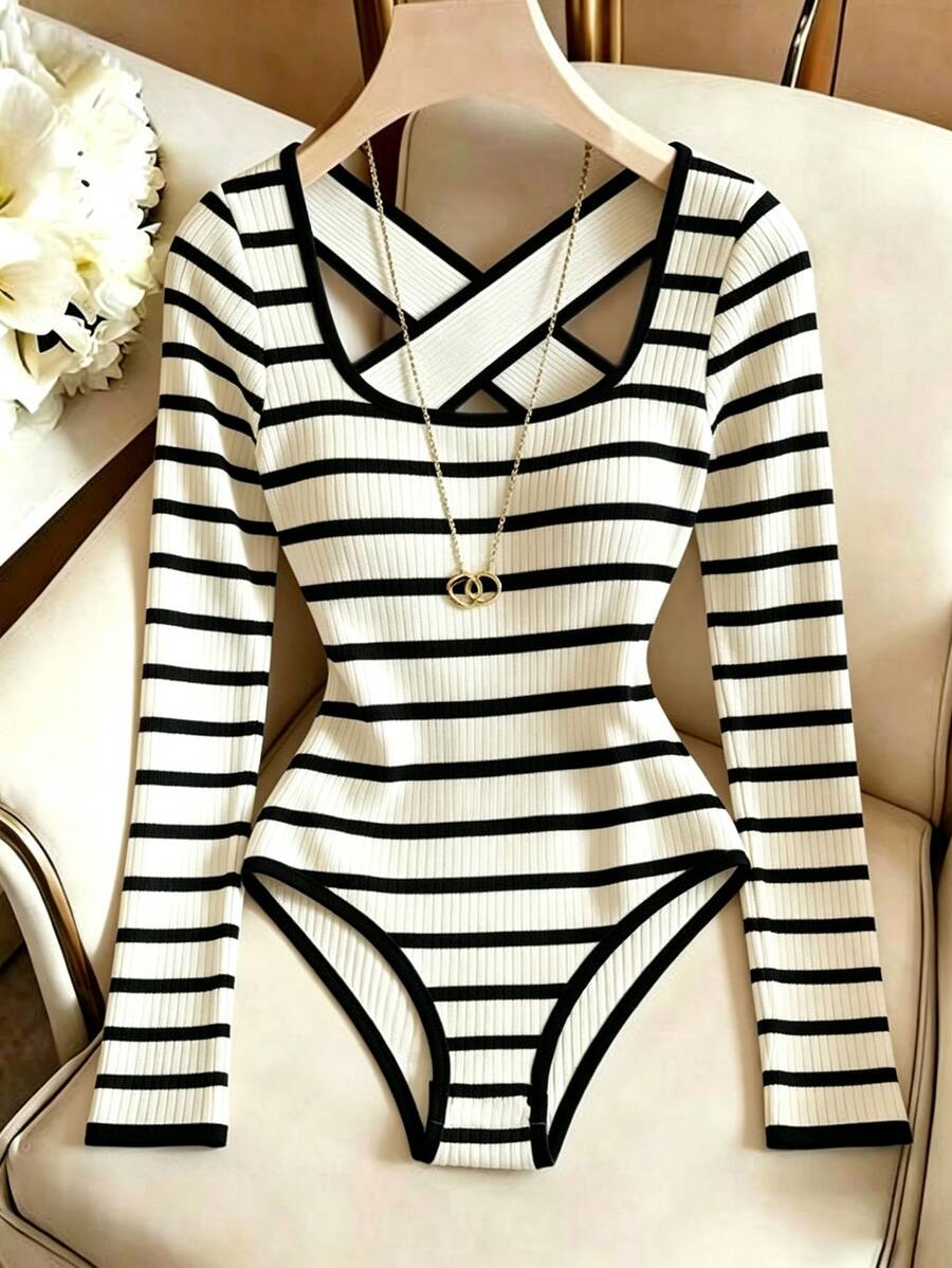 Franclia Women's Square Neck Ribbed Horizontal Stripe Slim Fit Fashion Long Sleeve Bodysuit - Multicolor - View 1