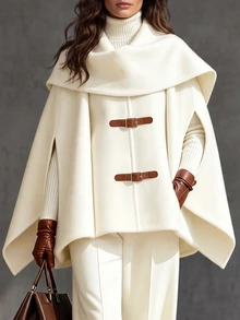 LUMIGAL Women's Cream Wool Blend Cape OverCoat , Leather Buckle Detail, Oversized Cloak Sleeve, Warm Fall Winter Outfit, Chic Office & Daily Wear - Apricot - View 10
