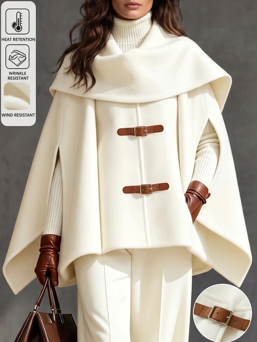 LUMIGAL Women's Cream Wool Blend Cape OverCoat , Leather Buckle Detail, Oversized Cloak Sleeve, Warm Fall Winter Outfit, Chic Office & Daily Wear - Apricot - View 1