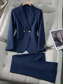 Rafferiza 女款優雅通勤翻領純色藍色金鈕扣秋冬西裝外套 + 口袋長褲套裝 百搭 - 藏蓝色 - 查看 4