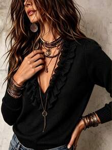 LUMIGAL Women's Solid Color Patchwork Ruffle V-Neck Long Sleeve Sweater - Black - View 5