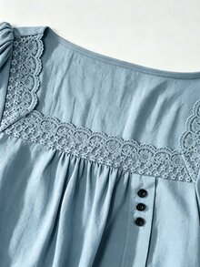 Balvessa 白色方領蕾絲飾邊拼接女款休閒襯衫 - 淺藍色 - 查看 4