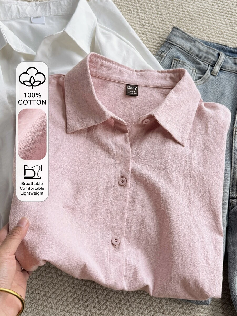 DAZY Tween Girl Solid Color Collared Casual Loose Fit Shirt - Pink - View 1