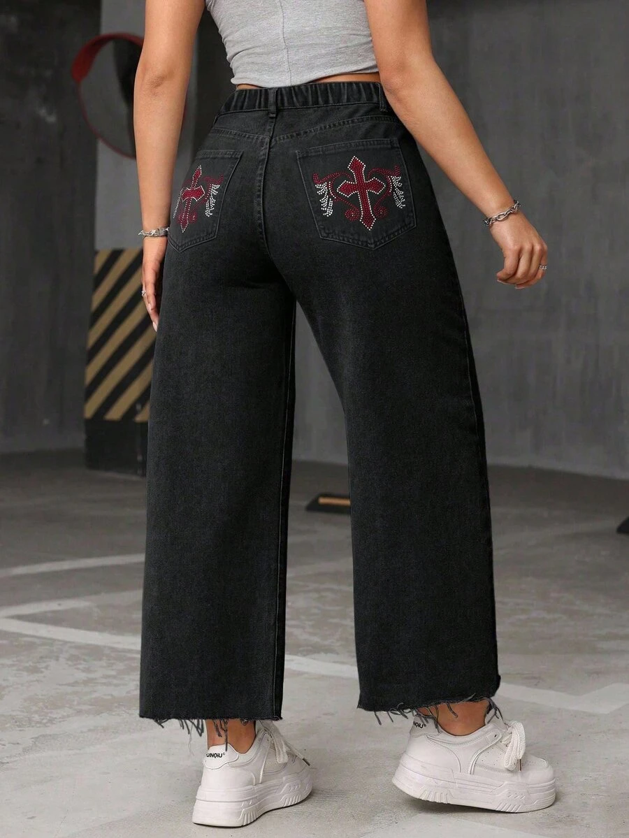 Jeanoix 大尺碼女款休閒日常水洗水鑽牛仔褲 - 黑色 - 查看 1