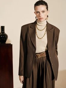 Arave Blazer Wanita Model Netral Kancing Tunggal dengan Kain Twill Diagonal, Jaket Kasual Modern untuk Perjalanan Kerja di Perkotaan - Coklat - View 3