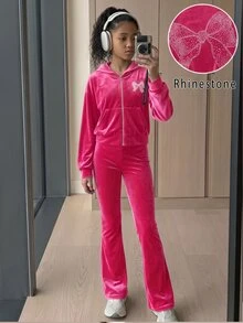 SHEIN 青少年女孩秋冬休閒時尚天鵝絨蝴蝶結水鑽連帽拉鍊運動衫與修身喇叭褲兩件套 - 玫紅色 - 查看 2