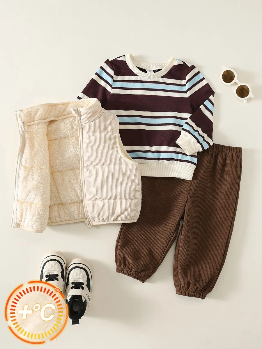 SHEIN 3pcs/Set Baju Bayi Laki-laki Musim Gugur/Dingin Kasual Bergaris Jaket Rompi Tebal Celana Panjang, Set Baju Sweatshirt, Set Bayi, Set Musim Gugur/Dingin, Set Mantel, Set Ski - MultiWarna - View 1