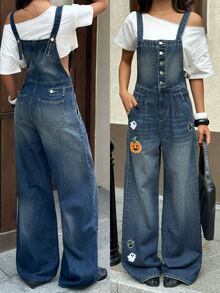 Rivivi Women's Casual Daily Denim Overalls With Pumpkin Pattern And Pockets - Dark Wash - View 1