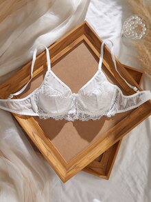 Myrelith Lace Patchwork Solid Color Underwire Push-Up Semi-Sheer Unlined Women's Bra - White - View 6
