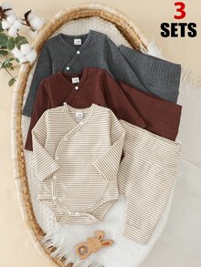 SHEIN 新生兒套裝休閒嬰兒服飾中性連身衣長袖輕便褲子卡其色炭灰色印花套裝搭配套裝新生女嬰 - 彩色 - 查看 1