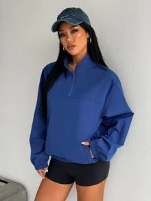 SHEIN Dewbera Women's Fashion Casual Solid Color Half-Zip Pocket Windbreaker Jacket - Navy Blue - View 4