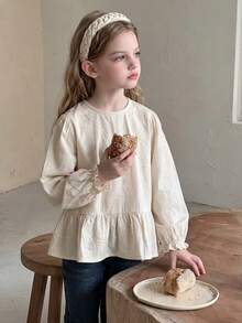 DAZY Blus Kasual Bertekstur Lengan Mengembang dengan Pinggang Ramping untuk Anak Perempuan (Tween Girl) Desain Musim Gugur/Dingin - Krem - View 3