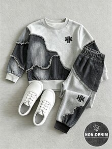 SHEIN 女童 2 件組休閒時尚春夏秋款圓領運動衫與運動長褲套裝，酷炫幾何拼接圖案，彈性柔軟面料，適合男孩穿著，休閒外出、返校、派對、戶外野餐、街拍、校園、假期，禮物首選 - 彩色 - 查看 4