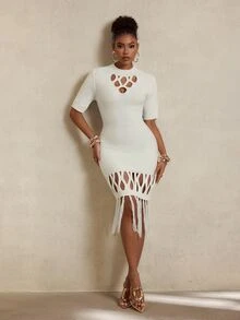 BamGlimmer Women's Solid Color Cutout Design Tassel Hem Short Sleeve Knit Dress - Apricot - View 2
