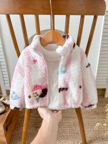 SHEIN 女嬰可愛百搭休閒毛絨碎花長袖冬季外套 - 淺粉色 - 查看 3