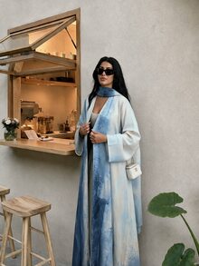 Yasveil 女款印花休閒優雅寬鬆長款睡袍附頭巾 - 霧霾藍 - 查看 2