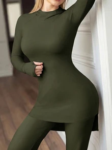 Innovista Innovista 女款長袖寬鬆運動兩件套，休閒，秋季，冬季，健身房，健身，跑步，瑜伽，健身，運動，訓練，運動服 - 軍綠色 - 查看 6