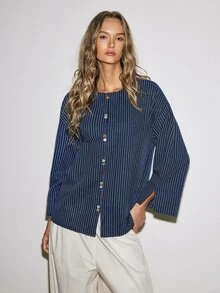 ATUI Studio Women 100% Cotton Blue And White Stripe Collarless Long Sleeve Shirt French Vintage Minimalist Modest Chic Vertical Fall Loose Slimming Drop Shoulder - Navy Blue - View 5