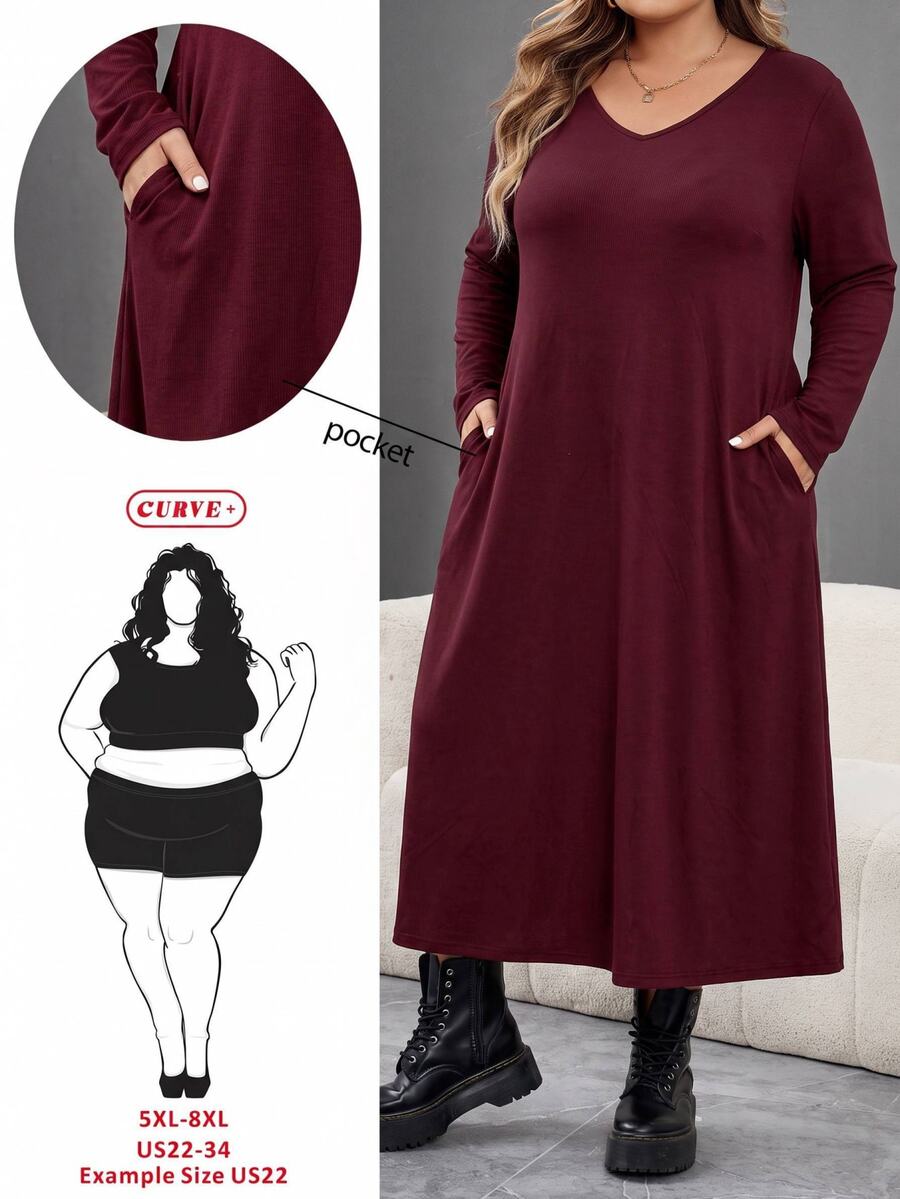 SHEIN CURVE+ Women's Plus Size 22W V-Neck Long Dress, Autumn/Winter - Burgundy - View 1