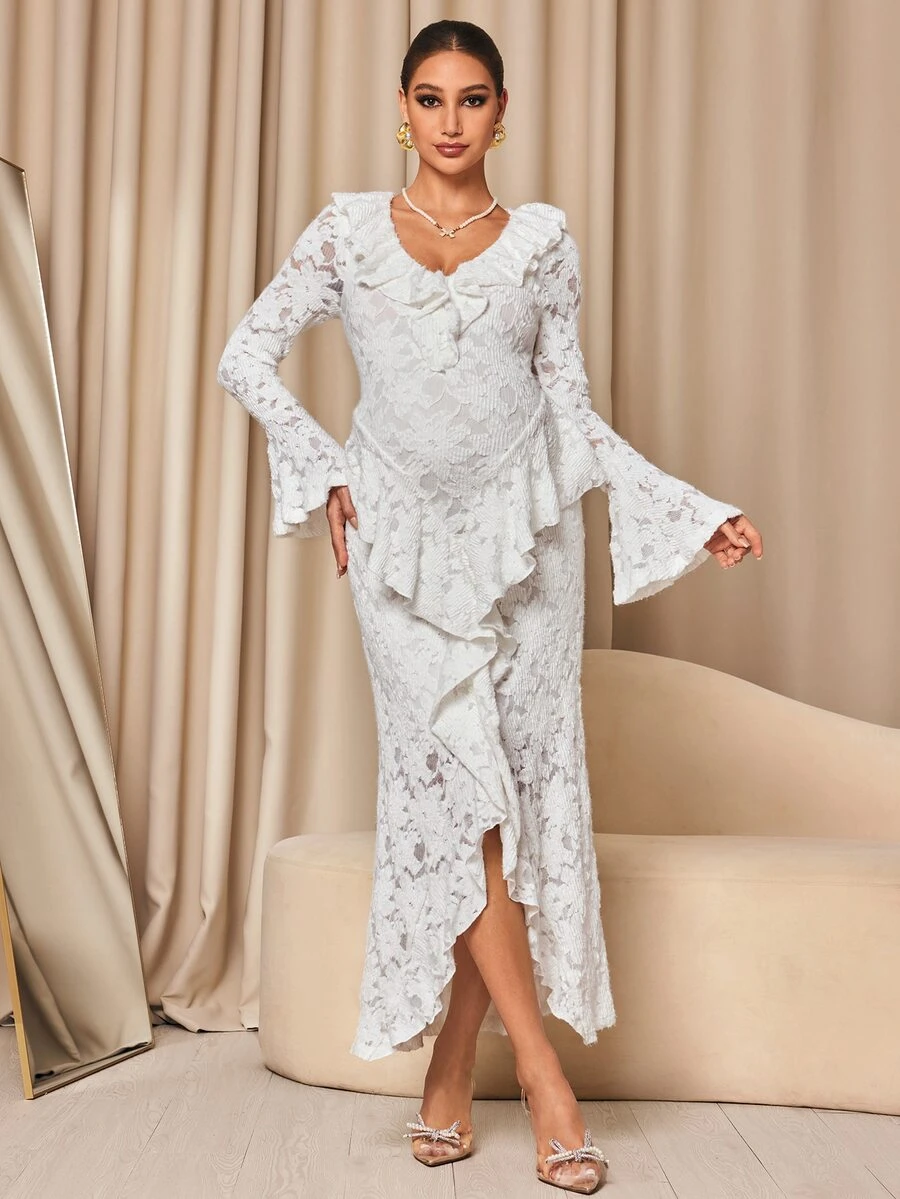 MaterniChic Maternity Lotus Collar Flare Sleeve Split Hem Elegant Dress - White - View 1