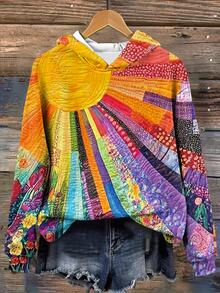 Breezaya Plus Size Women's Vintage Blue 3D Floral Embroidery Graphic Sweatshirt, Boho Lace Patchwork Long Sleeve Washed Blue Hooded Sweatshirt, Fall - Multicolor - View 3