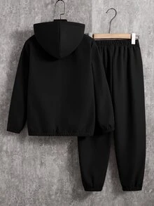 SHEIN 2件組兒童青少年男孩保暖內裡刷毛加厚連帽小馬動物印花標準版型冬季夾克與休閒運動基礎長褲套裝，適合冬季、通勤、上學、日常休閒、度假、旅行 - 黑色 - 查看 3