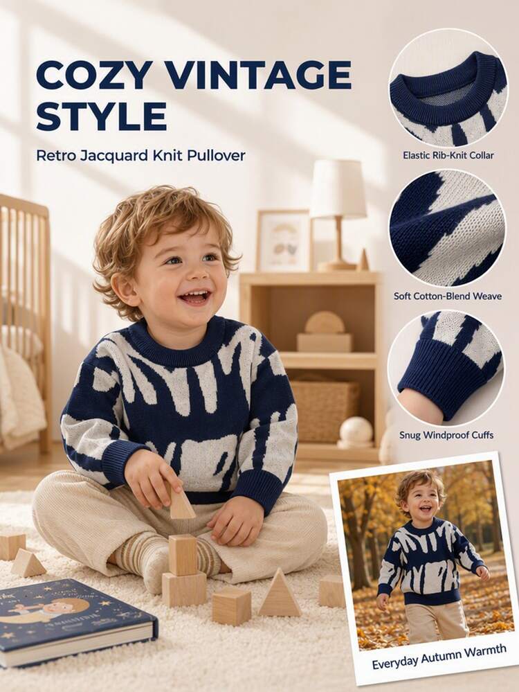 SHEIN Baby Boys Autumn/Winter Casual Minimalist Letter Pattern Jacquard Knit Sweater Long Sleeve Shirt - Navy Blue - View 5