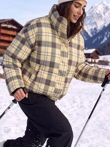 Exploreva Striped Plaid Stand Collar Long Sleeve Color Block Outdoor Padded Coat - Multicolor - View 3