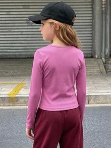 DAZY (青少年女孩) 黑色修身長袖半鈕扣前襟內搭圓領T恤，秋季 - 玫紅色 - 查看 2