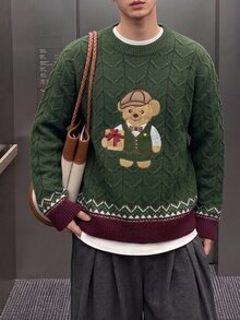 Manfinity Hypemode 男士圓領長袖套頭毛衣，休閒針織秋冬服飾，綠色聖誕風熊刺繡套頭毛衣情侶款 - 綠色 - 查看 4