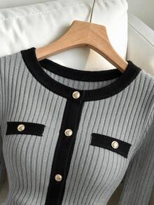 Muvela Women's Contrast Trim Metal Button Single-Breasted Round Neck Long Sleeve Cardigan - Grey - View 4