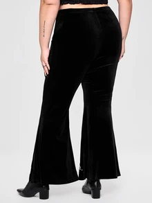 ROMWE Plus Size Women's Gothic Style Embroidered Butterfly & Moon Pattern Velvet Flare Pants - Black - View 3