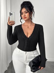 Elenzga Plus Size Elegant Lace Double-Sided Fleece Long Sleeve V-Neck T-Shirt, Basic Autumn/Winter Layering Elastic Top - Black - View 5