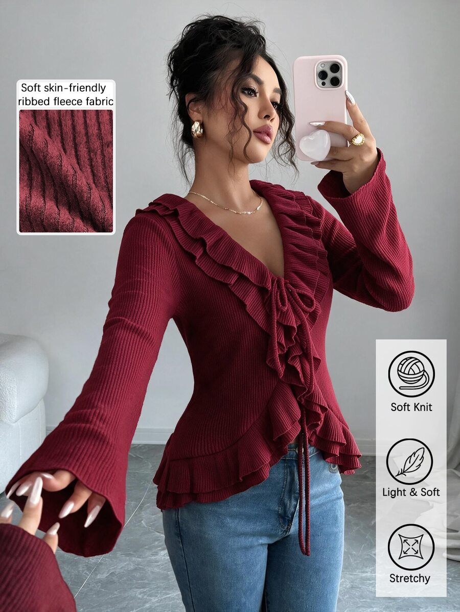 Elenzga Christmas Party Ruffle TieFront Fuzzy Knit Long Sleeve Slim Goingout Top - Burgundy - View 1