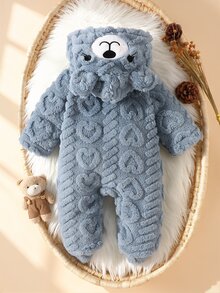 SHEIN 1件新生兒男嬰連帽連身衣，可愛甜美灰藍色熊耳3D刺繡毛絨長袖加厚連腳款，適合冬季秋季節日派對 - 淺藍色 - 查看 2