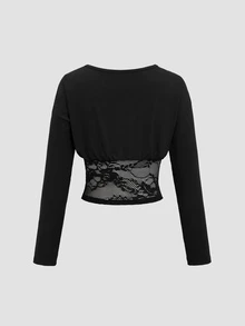 Sweetra 2000s Style Going Out Tops, Women's Autumn/Winter Elegant Sweet Lace Patchwork Waist-Cinching Fitted Tops - Black - View 2