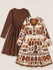 Girls Fall Winter Rib Knit Solid & Vintage Floral Long Sleeve Dress 2pcs Pack - Brown - View 2