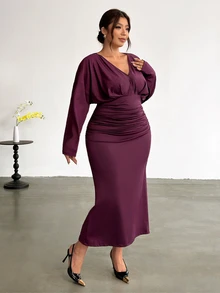 Firerie Plus Size Purple-Red Ruched Waist V-Neck Long Sleeve Dropped Shoulder Fishtail Maxi Dress For Party And Date - Red Violet - View 8