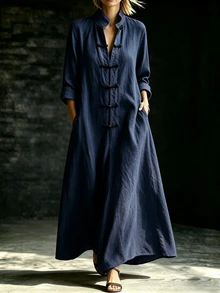 Linhara CURVE Women's Plus Size Autumn/Winter Navy Blue Stand Collar Frog Button Pure Cotton Long Dress - Navy Blue - View 3