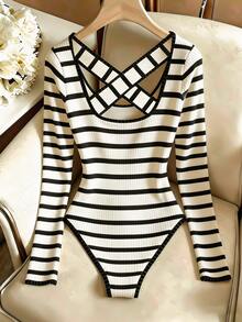 Franclia Women's Square Neck Ribbed Horizontal Stripe Slim Fit Fashion Long Sleeve Bodysuit - Multicolor - View 2