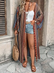 Ceyna Plus Size Women's New Elegant Multi-Color Striped Bohemian Style Colorful Paisley Pattern Open Front Long Sleeve Long Cardigan - Red - View 3