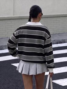 Muchica 女款休閒街頭風 Polo 領長袖寬鬆條紋衛衣，女款街頭風格秋冬服飾 - 彩色 - 查看 2