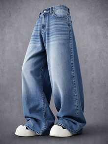 Manfinity Denimwave بنطلون جينز رجالي عتيق مغسول فضفاض جداً بساق واسعة، بنطلون جينز فضفاض بحجم كبير، أسلوب ملابس الشارع الهيب هوب - الأزرق - مشاهدة 1